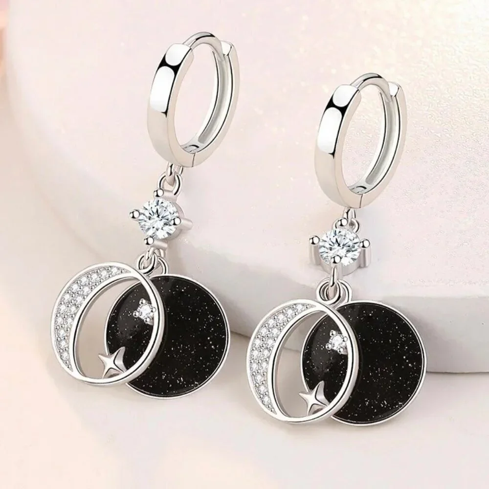 NWT Star Moon Dangle Drop Earrings S925 Sterling Silver CZ Enamel Celestial